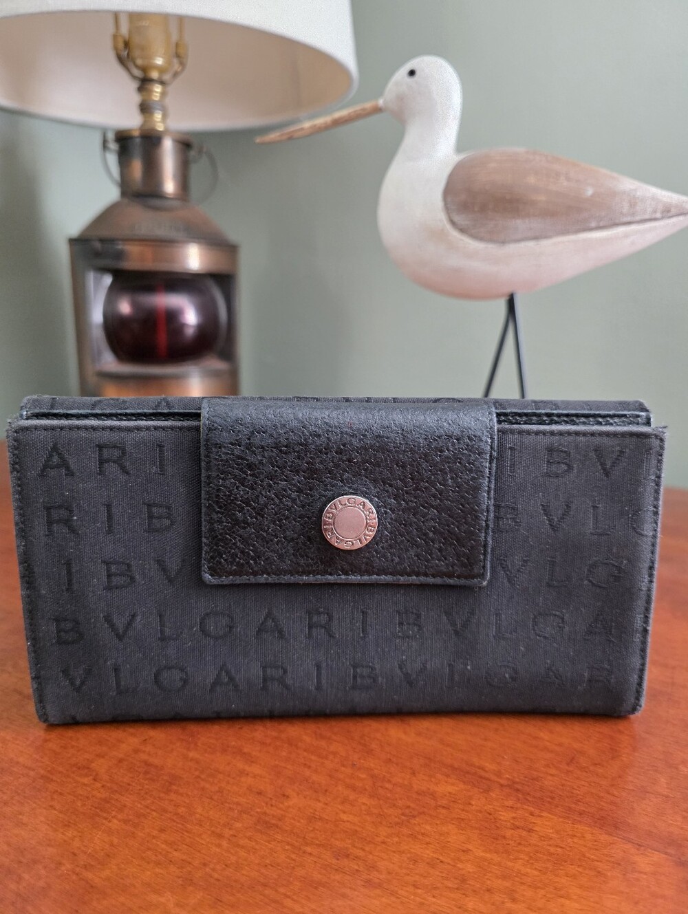 BVLGARI Logo Jacquard Continental Wallet Black Leather Vintage